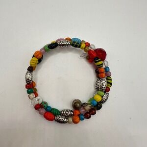 VTG Boho Multi Color Glass Bead Memory Wire Wrap Bracelet‎ Silver Tone Accents